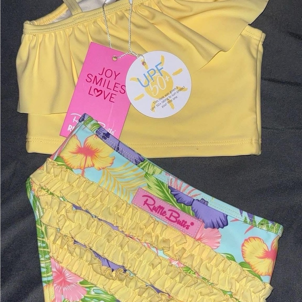 Ruffle Butts Yellow and Floral Swimsuit Set